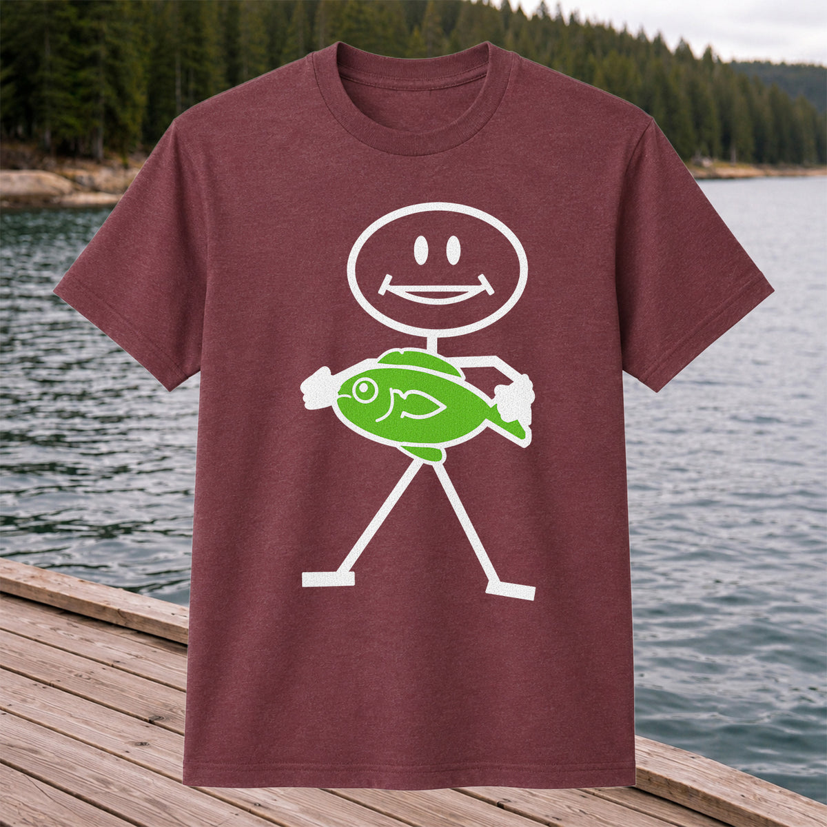 Happy Stick Figure Holding a Green Fish Graphic T-Shirt