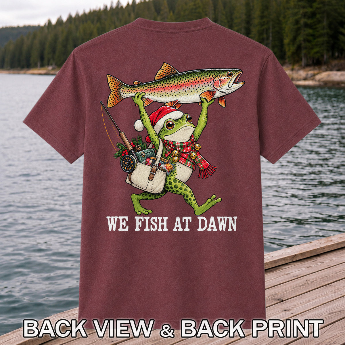 Frog Holding Rainbow Trout Fishing at Dawn Graphic T-Shirt | Back Print