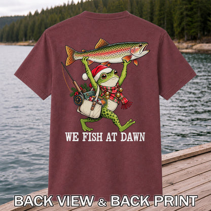 Frog Holding Rainbow Trout Fishing at Dawn Graphic T-Shirt | Back Print
