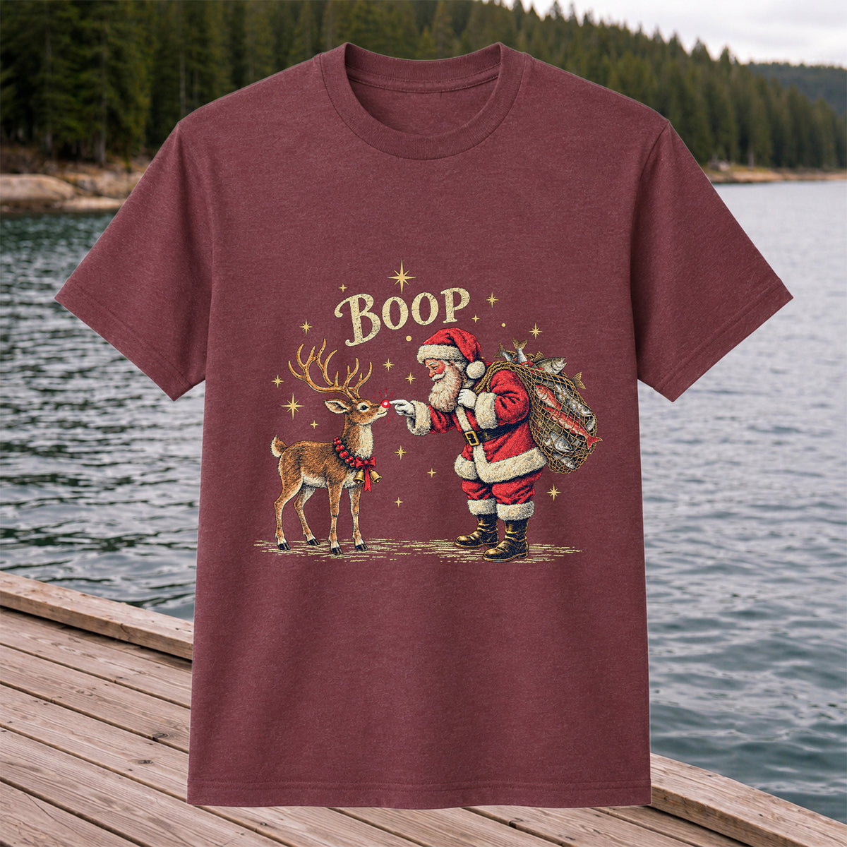 Santa and Reindeer Fishing Christmas Graphic T-Shirt