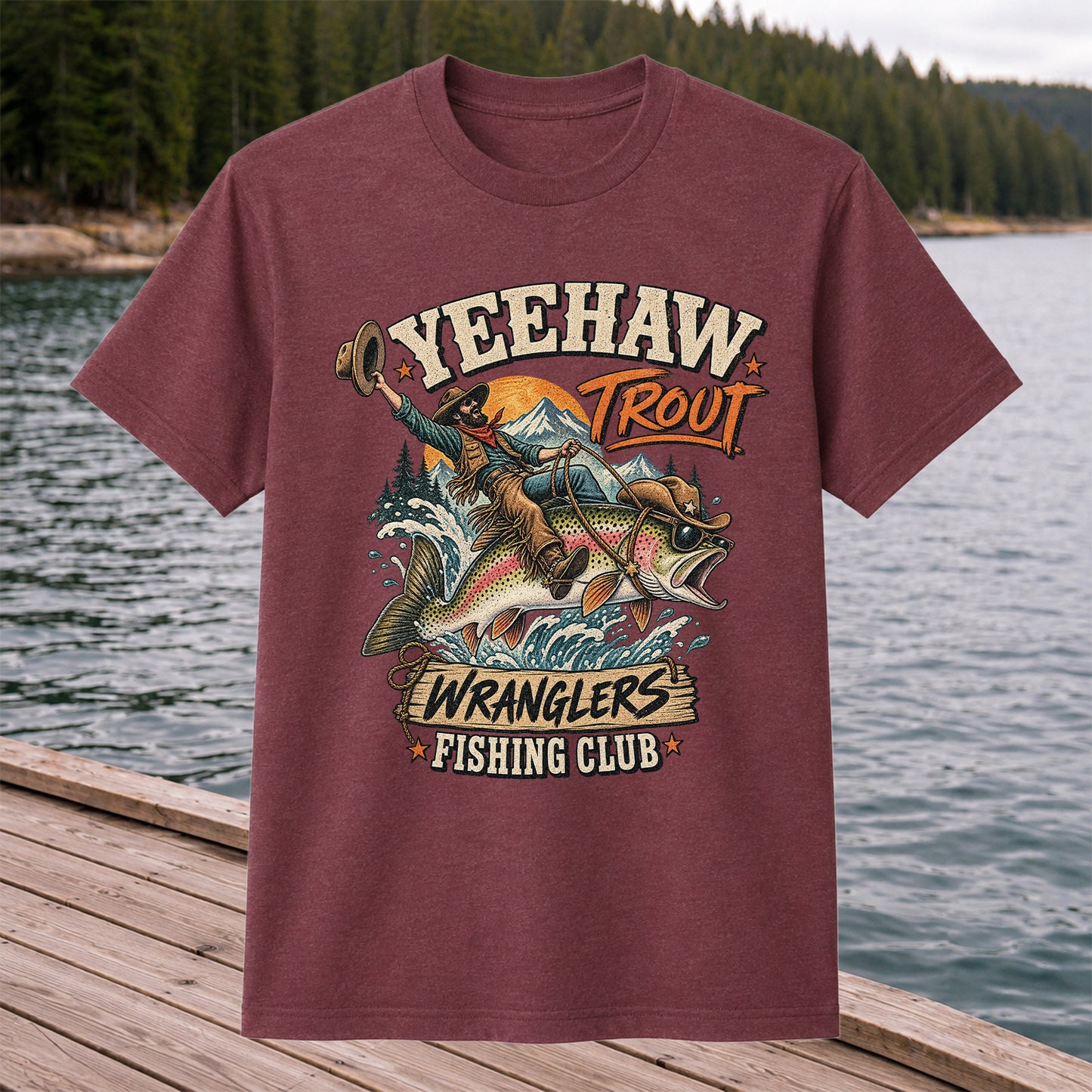 Yeehaw Trout Wranglers Fishing Club Cowboy Graphic T-Shirt