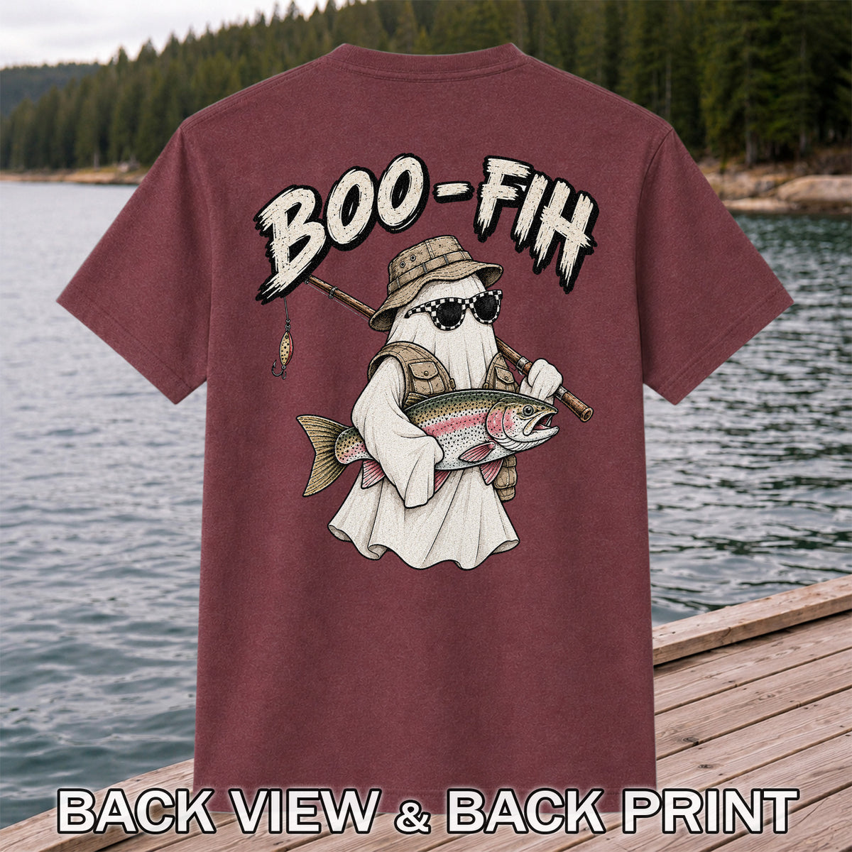 Boo-Fih Ghost Holding Rainbow Trout Halloween Fishing T-Shirt | Back Print