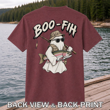Boo-Fih Ghost Holding Rainbow Trout Halloween Fishing T-Shirt | Back Print
