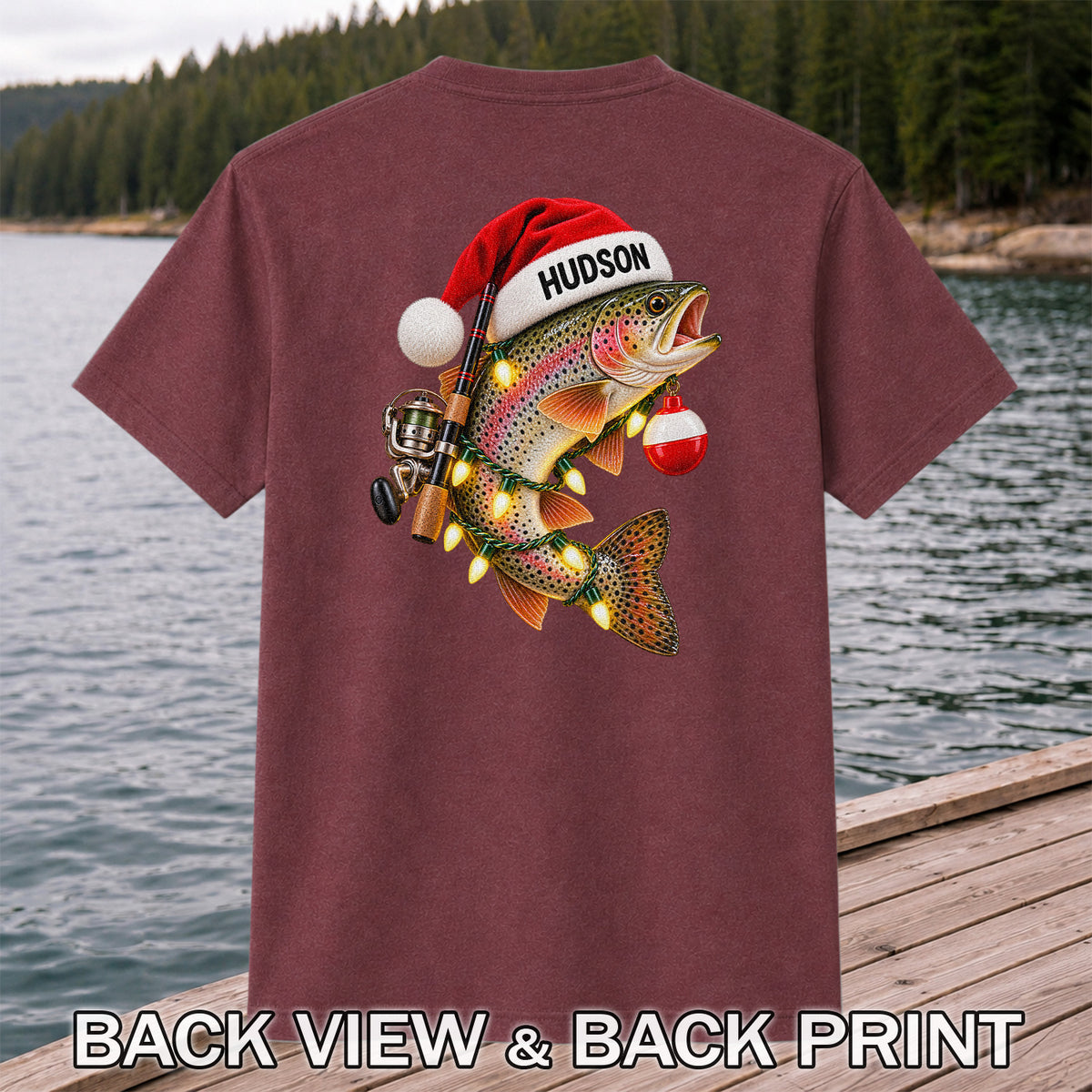 Hudson Santa Hat Rainbow Trout Christmas Fishing T-Shirt | Back Print