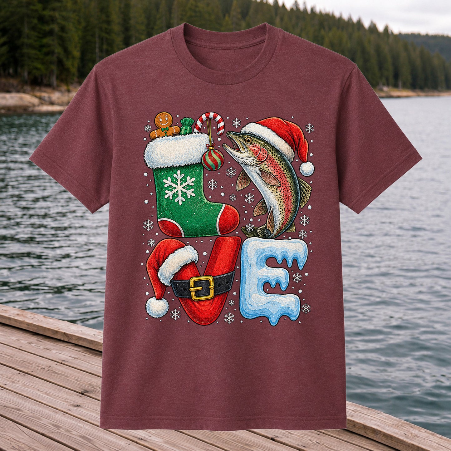 Christmas LOVE Rainbow Trout and Stocking Fishing Graphic T-Shirt