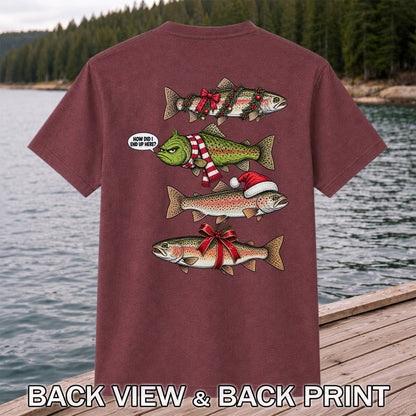 Christmas Trout Fishing Holiday Graphic T-Shirt | Back Print
