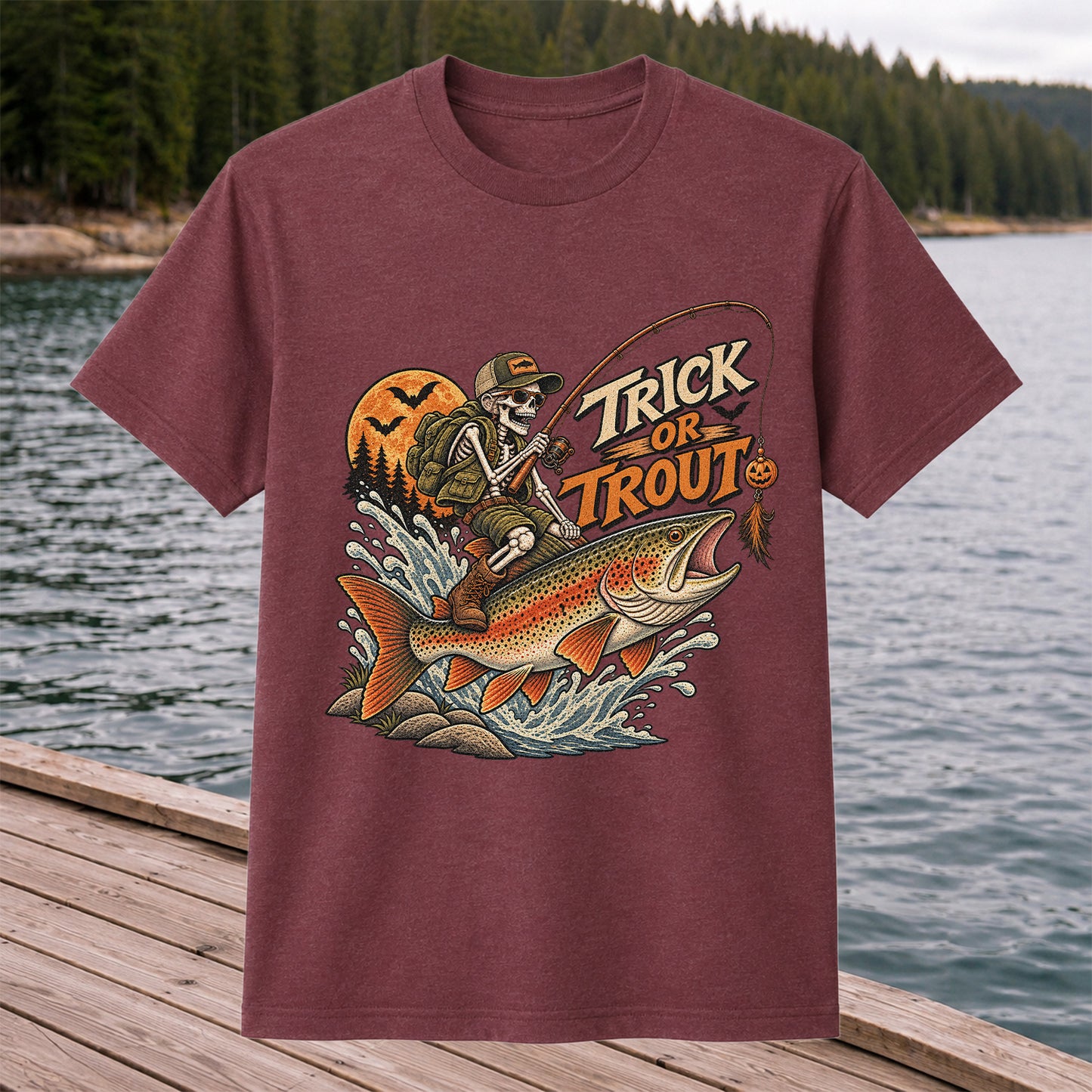 Trick or Trout Halloween Skeleton Angler Fishing T-Shirt