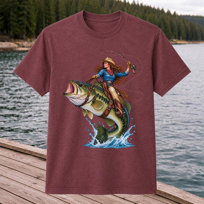 Cowgirl Riding a Largemouth Bass Fishing Graphic T-Shirt