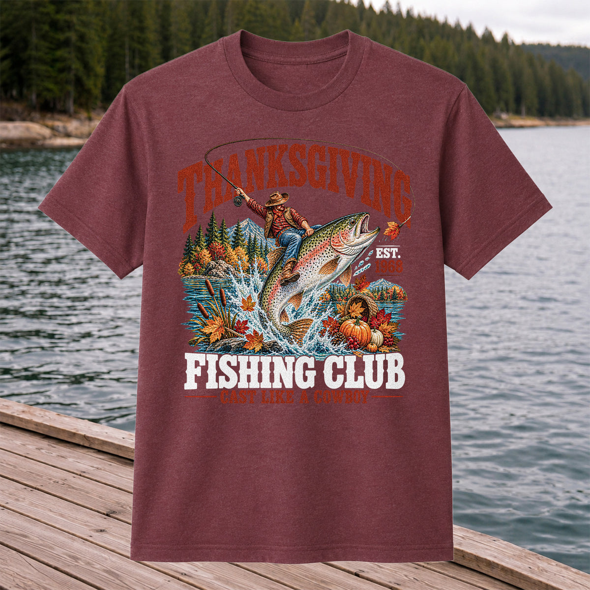 Thanksgiving Cowboy Trout Fishing Club Graphic T-Shirt
