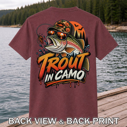 Trout in Camo Halloween Rainbow Trout Fishing Graphic T-Shirt | Back Print