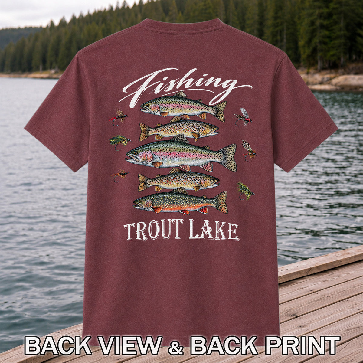 Fishing Trout Lake Vintage Trout and Flies Graphic T-Shirt | Back Print