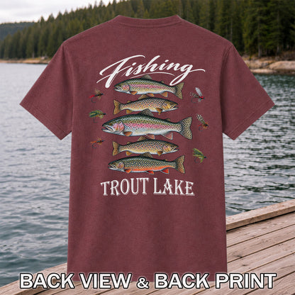 Fishing Trout Lake Vintage Trout and Flies Graphic T-Shirt | Back Print