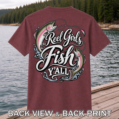 Reel Girls Fish Y'all Rainbow Trout Women's Fishing T-Shirt | Back Print