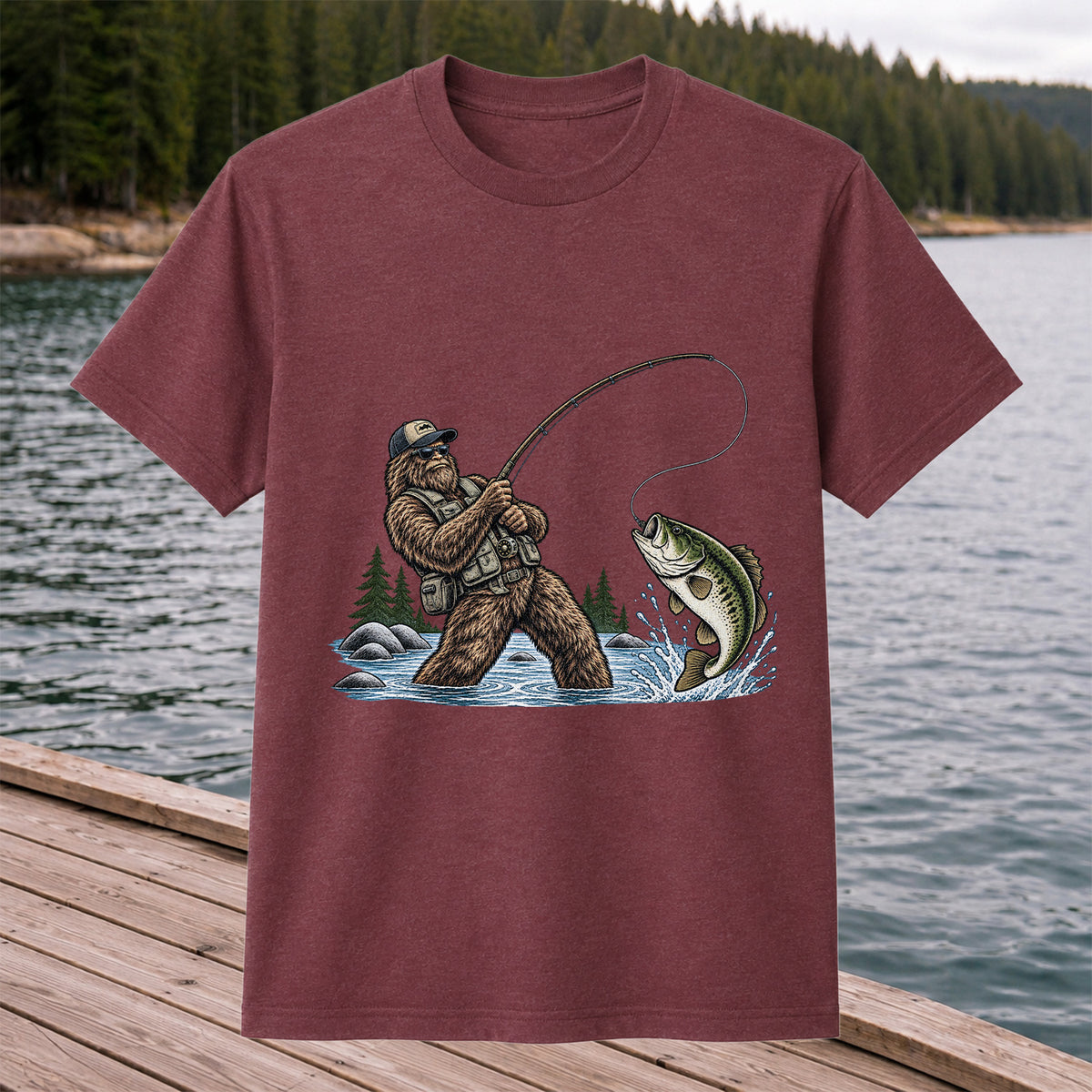 Bear Catching Bass Fishing Graphic T-Shirt