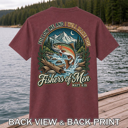 Follow Me and I Will Make You Fishers of Men Matt 4:19 Rainbow Trout Mountain River Fishing T-Shirt | Back Print