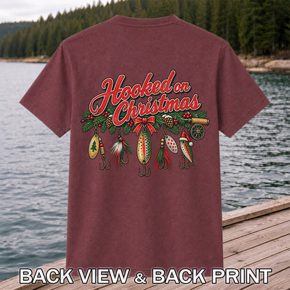 Hooked on Christmas Fishing Lure Ornaments Graphic T-Shirt | Back Print