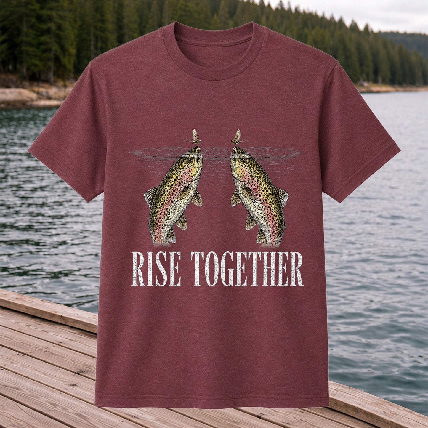 Rise Together Twin Trout and Mayfly Fishing Graphic T-Shirt