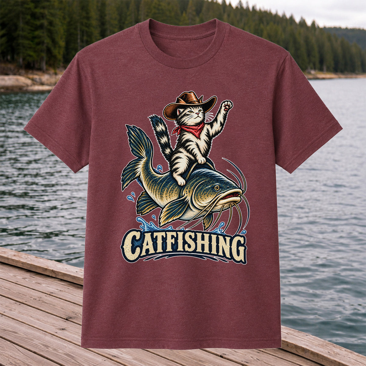 Catfishing Cowboy Cat Riding a Catfish Graphic T-Shirt