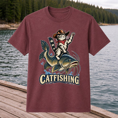 Catfishing Cowboy Cat Riding a Catfish Graphic T-Shirt