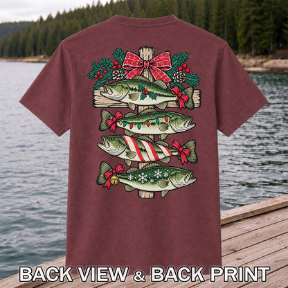 Christmas Bass Fishing Sign Holiday Graphic T-Shirt | Back Print