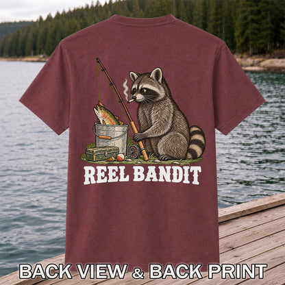Reel Bandit Smoking Raccoon with Fishing Rod Funny T-Shirt | Back Print