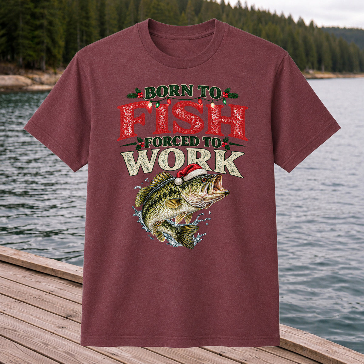 Born to Fish Forced to Work Christmas Largemouth Bass Graphic T-Shirt