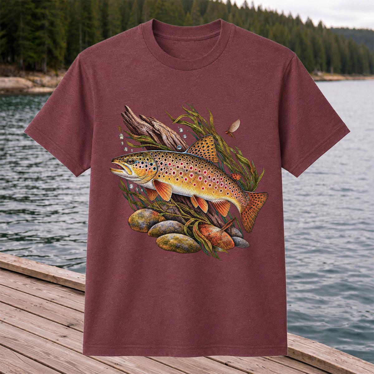 Vintage Brown Trout River Fishing Graphic T-Shirt