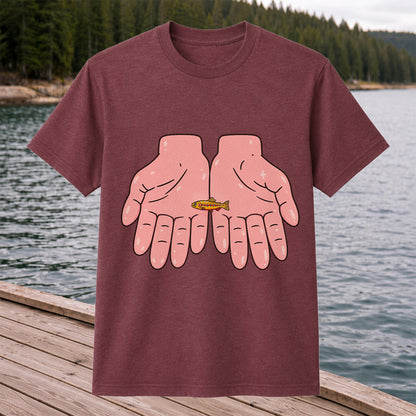 Tiny Rainbow Trout in Two Hands Cute Fishing Graphic T-Shirt