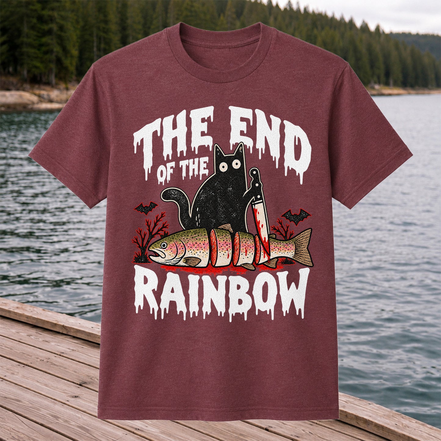 The End of the Rainbow Black Cat and Rainbow Trout Halloween Fishing T-Shirt