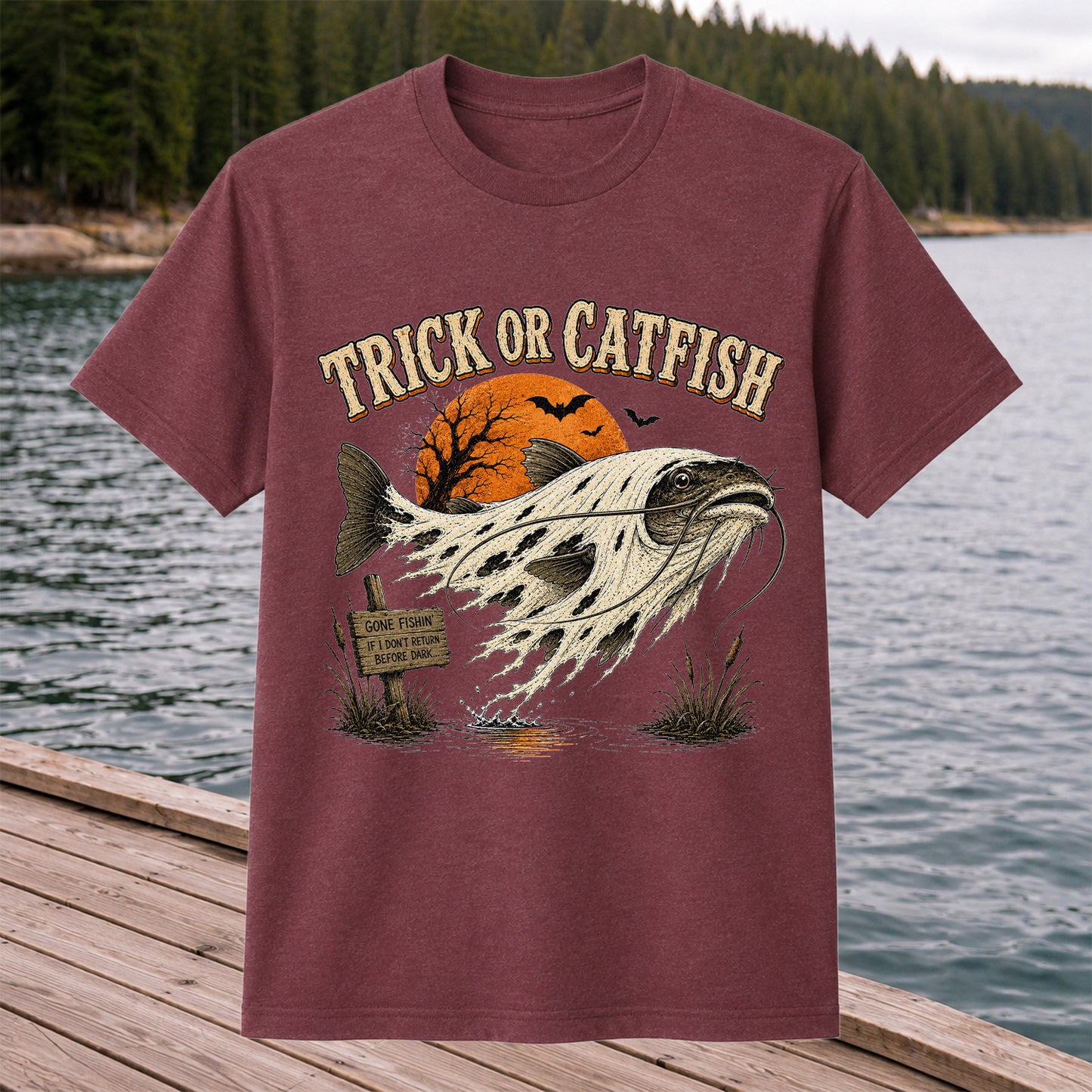 Trick or Catfish Halloween Fishing T-Shirt, Vintage Trout Angler Tee