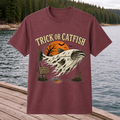 Trick or Catfish Halloween Fishing T-Shirt, Vintage Trout Angler Tee