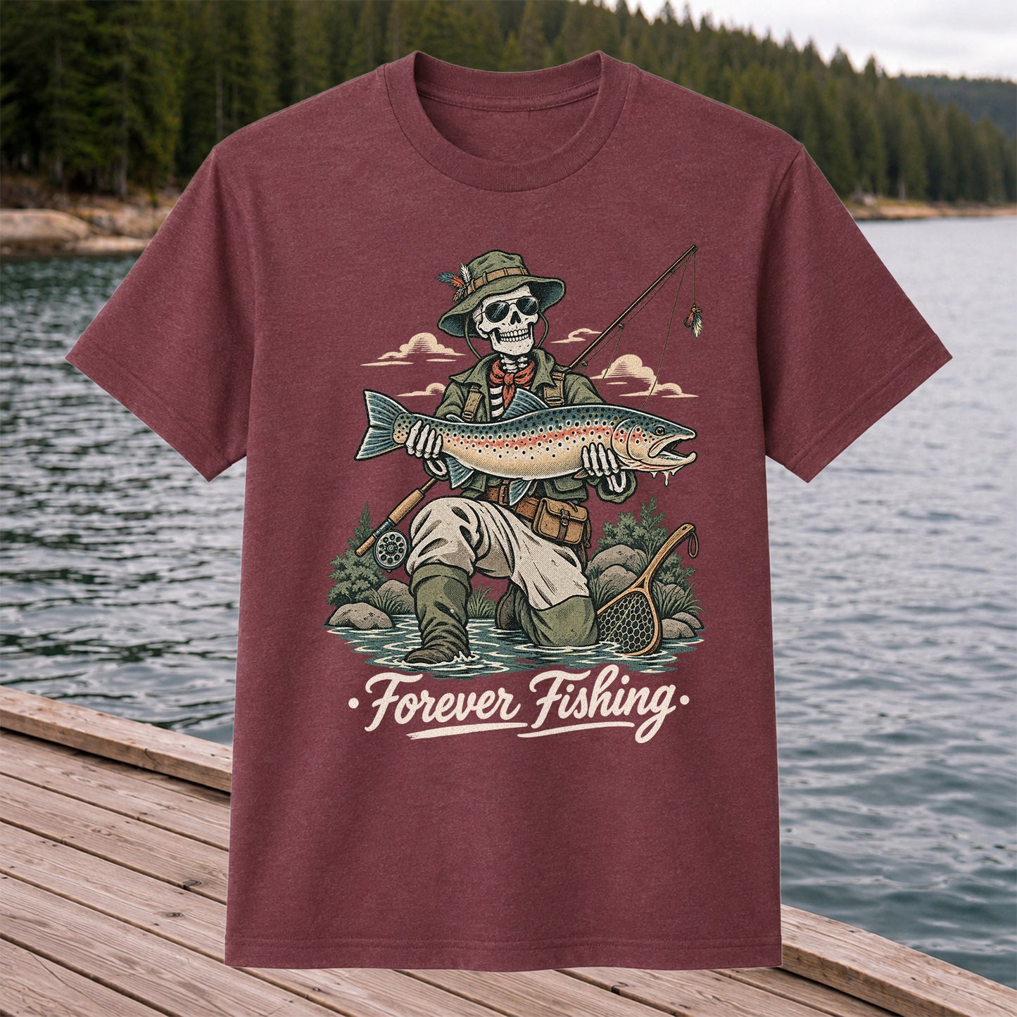 Forever Fishing Skeleton Angler with Rainbow Trout Graphic T-Shirt