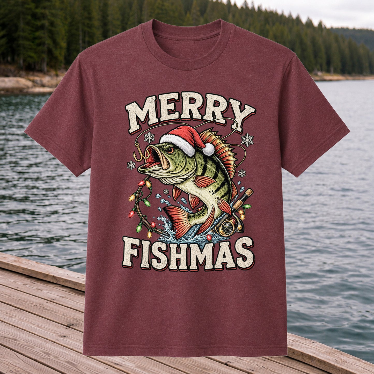 Merry Fishmas Santa Hat Bass Christmas Fishing T-Shirt