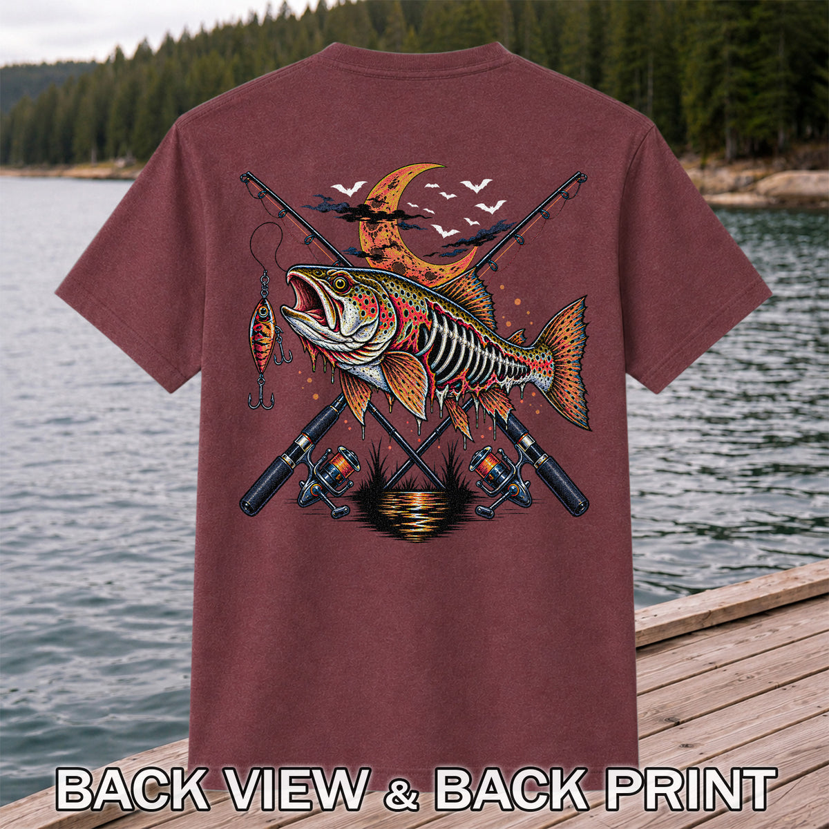 Skeleton Trout with Crossed Fishing Rods Halloween Graphic T-Shirt | Back Print