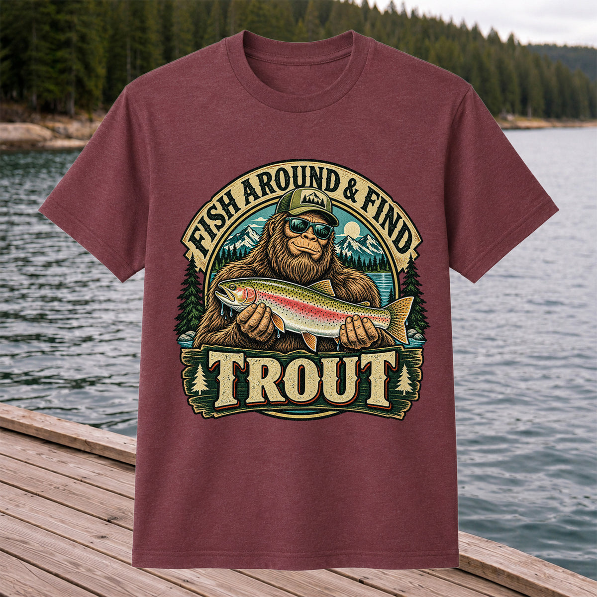 Fish Around & Find Trout Bigfoot Rainbow Trout Fishing T-Shirt