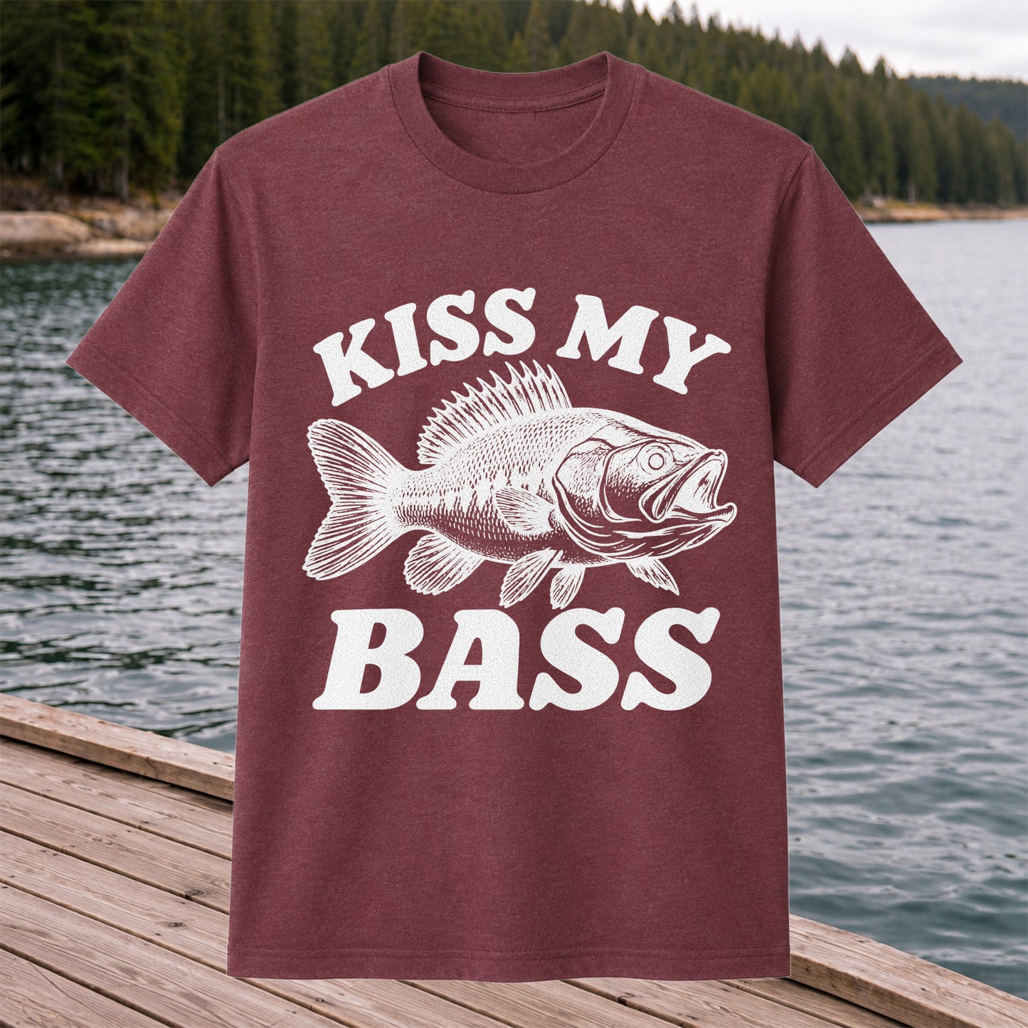 Kiss My Bass Blue Bass Funny Fishing Graphic T-Shirt
