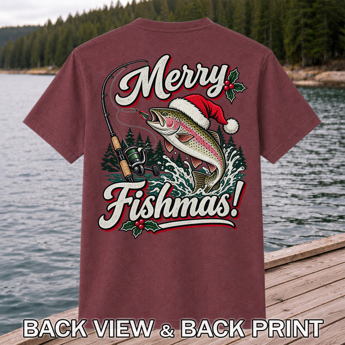 Merry Fishmas Rainbow Trout in Santa Hat Christmas Fishing T-Shirt, Trout Fishing | Back Print