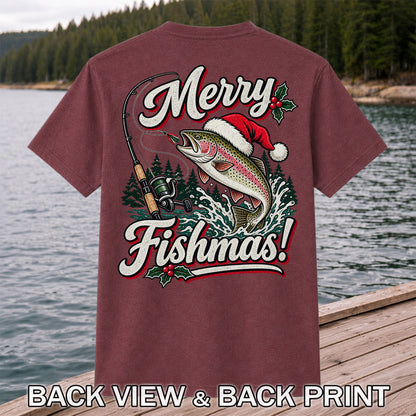Merry Fishmas Rainbow Trout in Santa Hat Christmas Fishing T-Shirt, Trout Fishing | Back Print