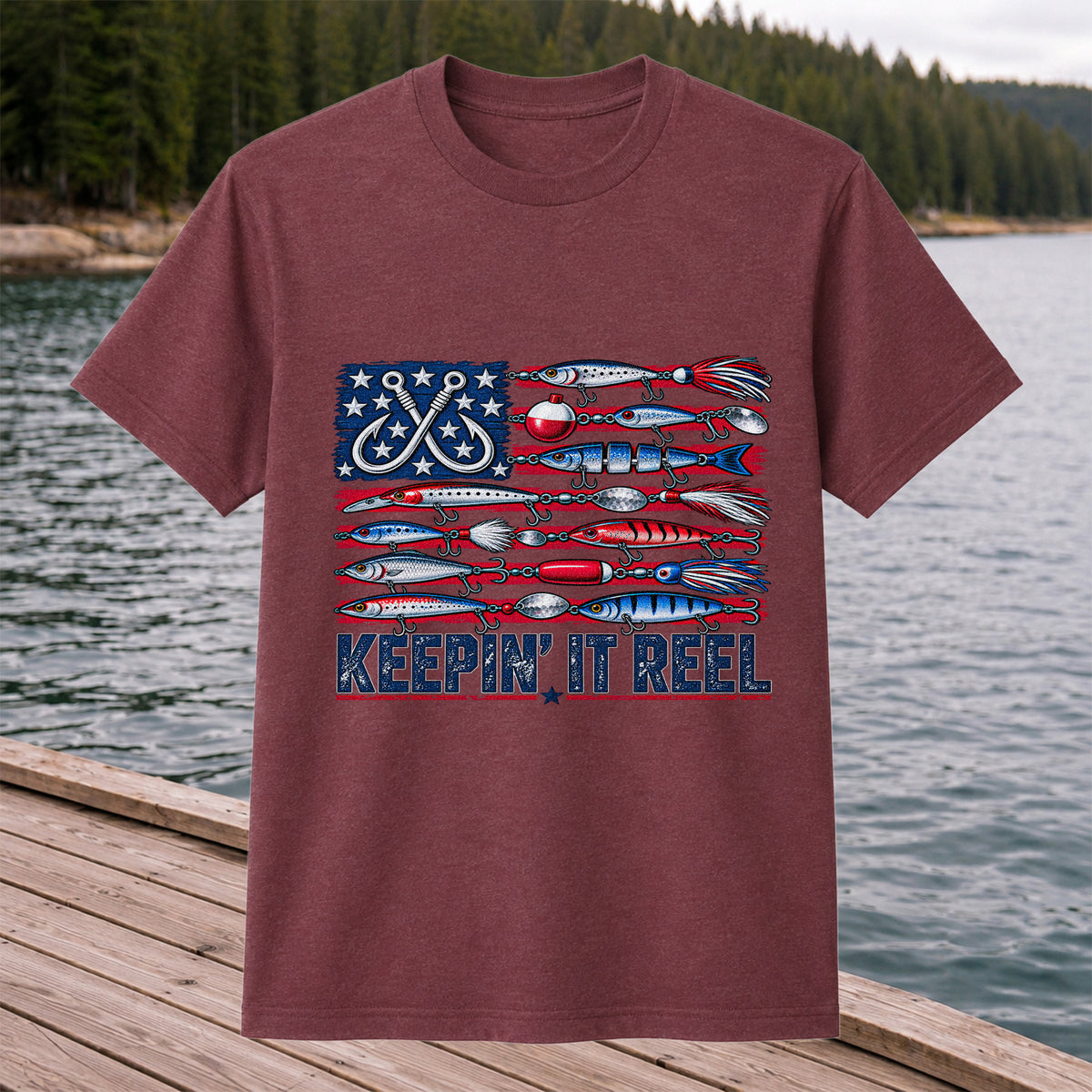 Keepin' It Reel American Flag Fishing Lures Graphic T-Shirt