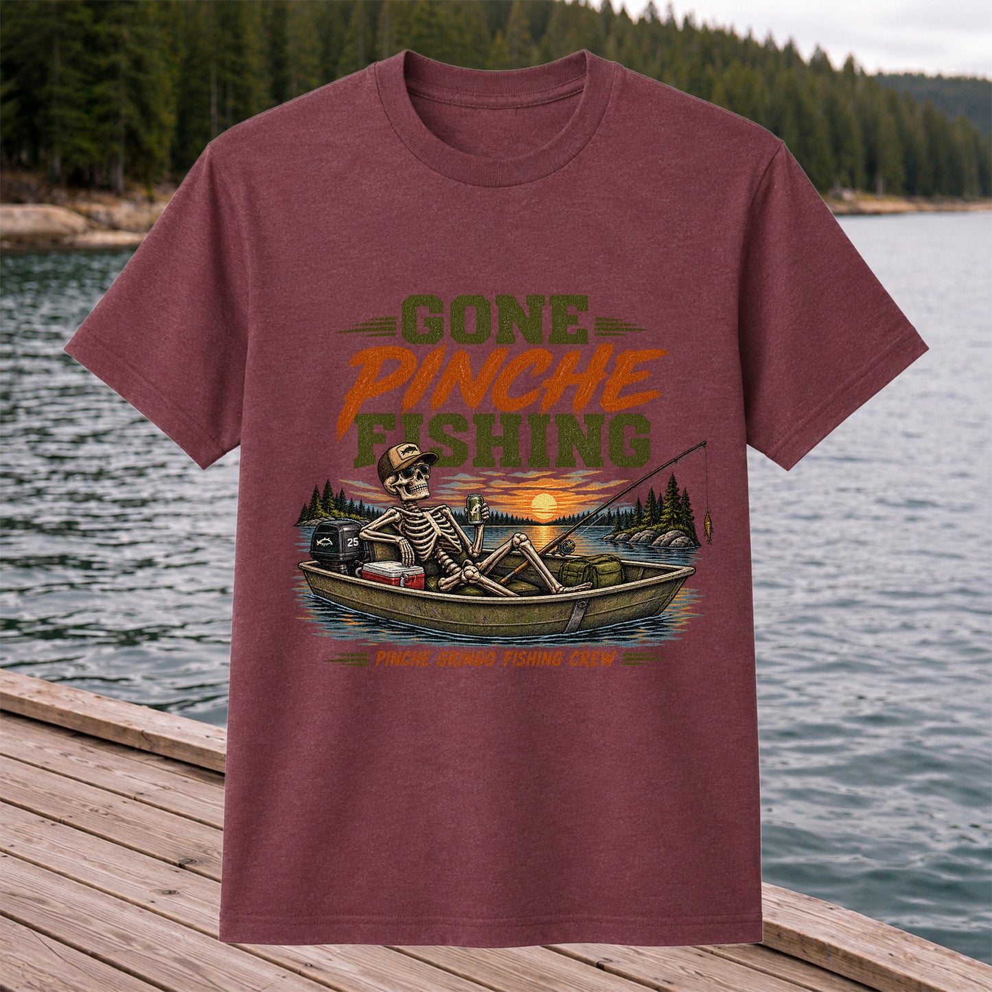 Gone Pinche Fishing Crew Skeleton in a Fishing Boat Graphic T-Shirt