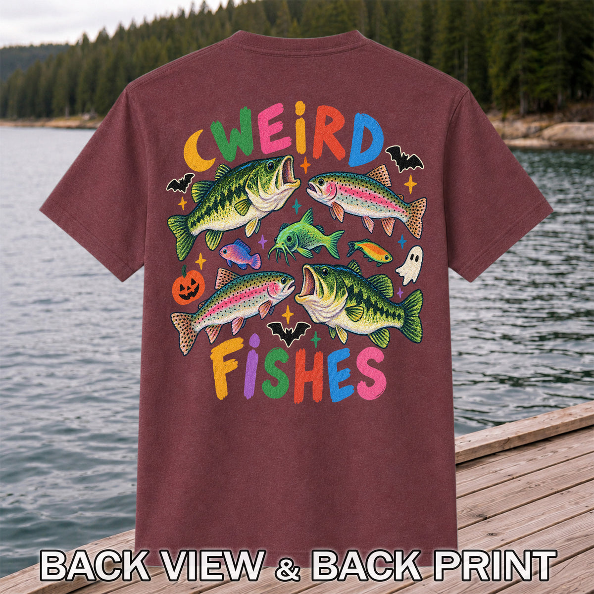Weird Fishes Halloween Bass and Rainbow Trout Fishing T-Shirt | Back Print