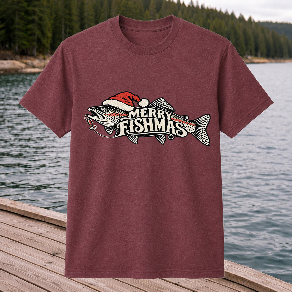 Merry Fishmas Rainbow Trout with Red Santa Hat and Lure Fishing T-Shirt