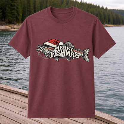 Merry Fishmas Rainbow Trout with Red Santa Hat and Lure Fishing T-Shirt
