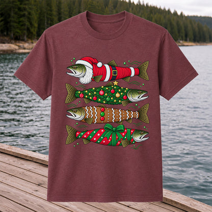 Christmas Trout Santa Tree and Gift Wrap Fishing T-Shirt