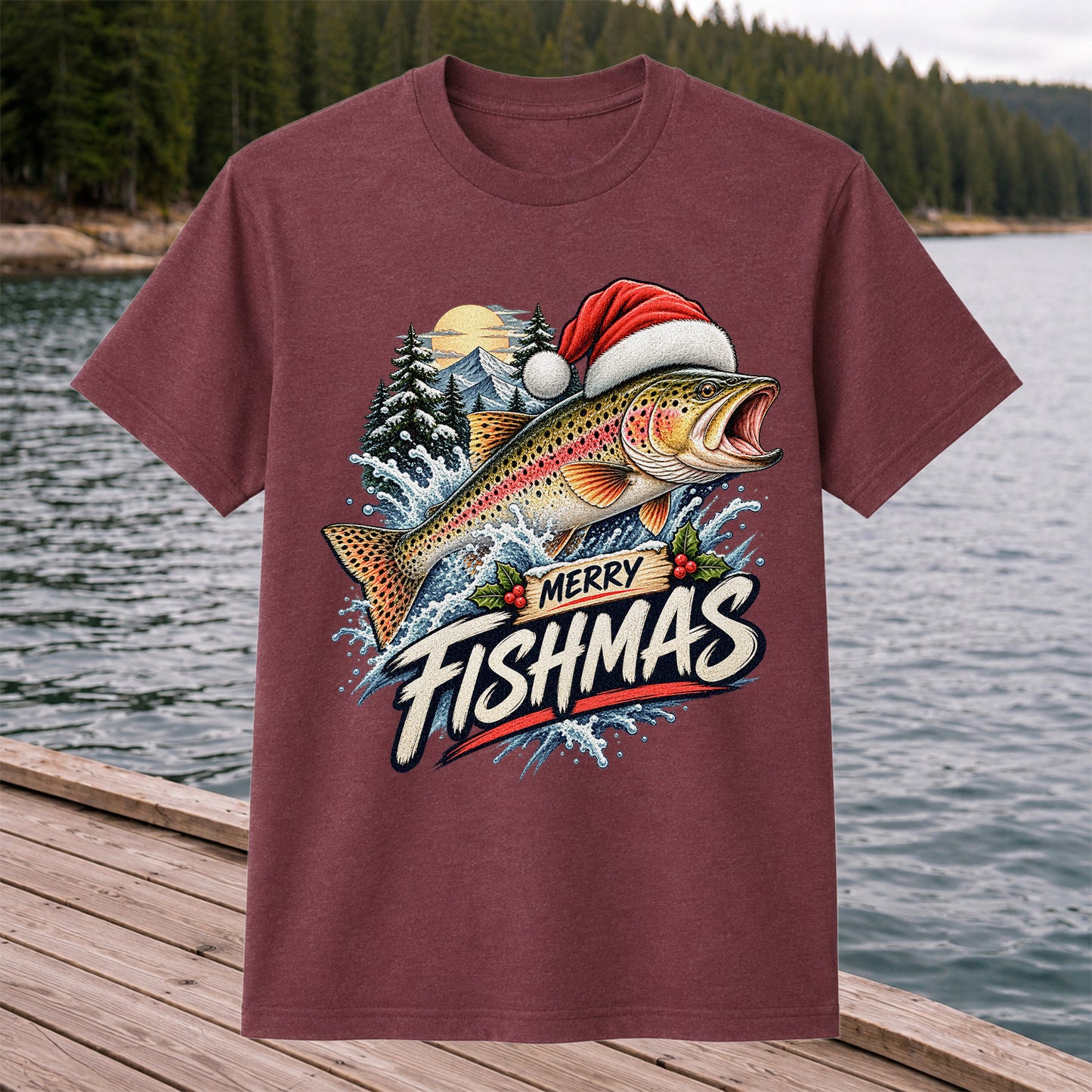 Merry Fishmas Santa Hat Rainbow Trout Fishing Graphic T-Shirt
