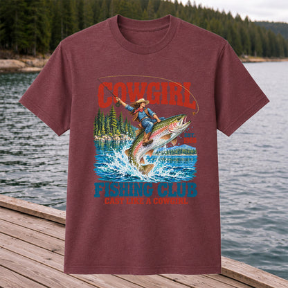 Cowgirl Riding Rainbow Trout Fishing Club T-Shirt
