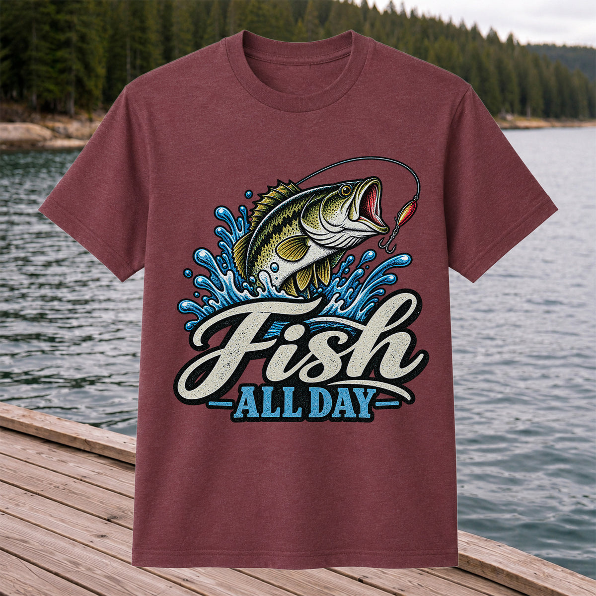 Fish All Day Jumping Bass Fishing Graphic T-Shirt