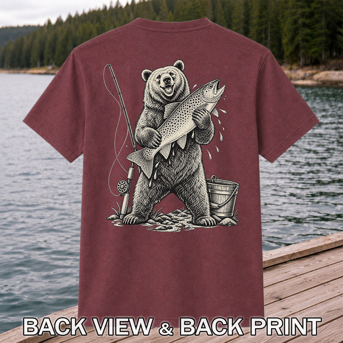Bear Holding Trout Fishing Graphic T-Shirt | Back Print