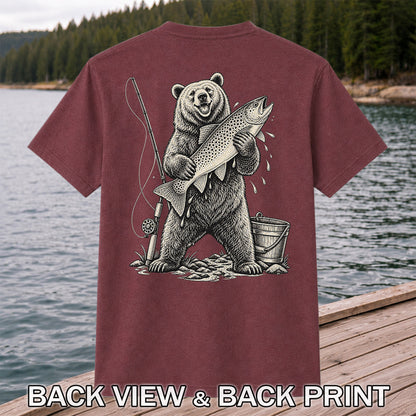 Bear Holding Trout Fishing Graphic T-Shirt | Back Print