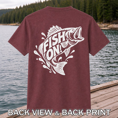 Fish On! Jumping Bass Fishing Distressed Graphic T-Shirt | Back Print